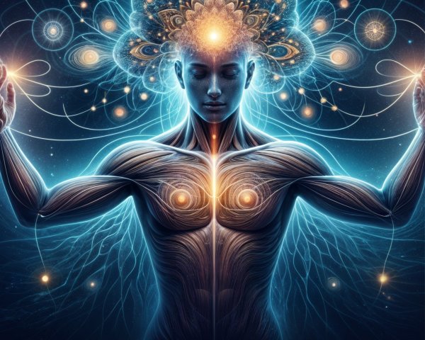 Radiant figure with energy pathways and mandala pattern