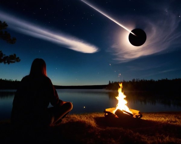 Lakeside Dusk with Eclipse and Campfire Reflection