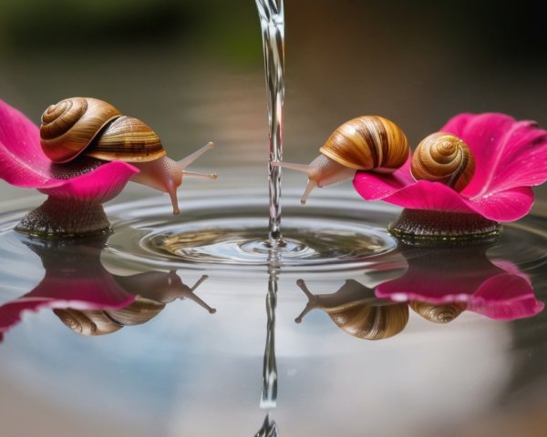 Snails on Pink Flowers Above Calm Water Surface