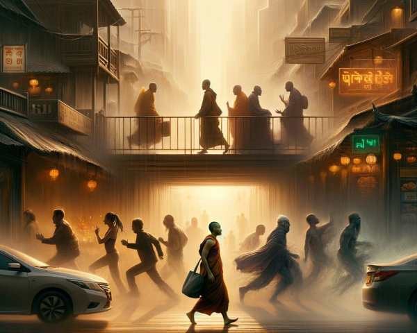 Monks Crossing Bridge in Bustling Urban Scene