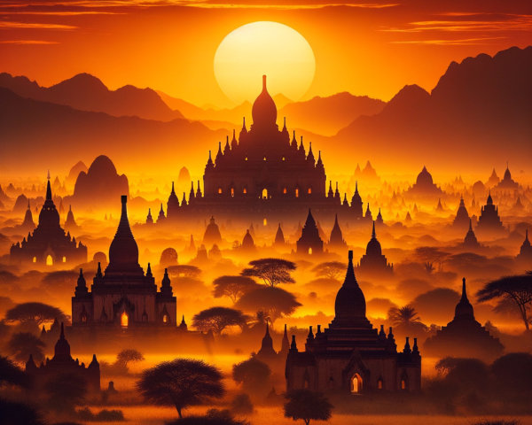 Sunset Over Ancient Pagodas and Temples Landscape