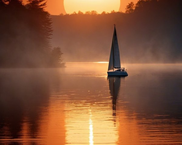Serene sunset over a calm lake with sailboat and birds