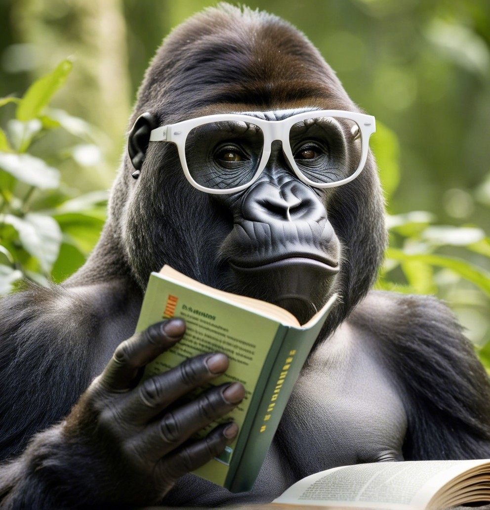 Gorilla in Glasses Reading Book in Lush Greenery