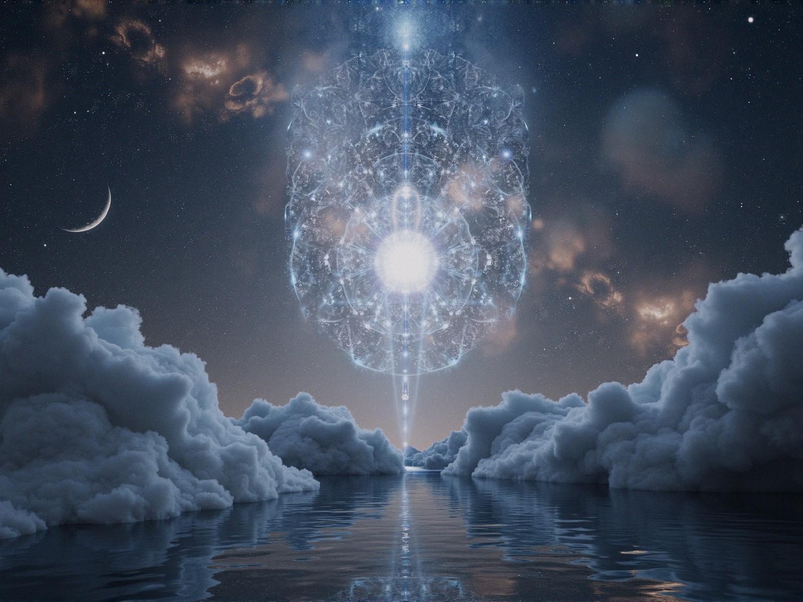 Surreal Landscape with Reflective Water and Stars