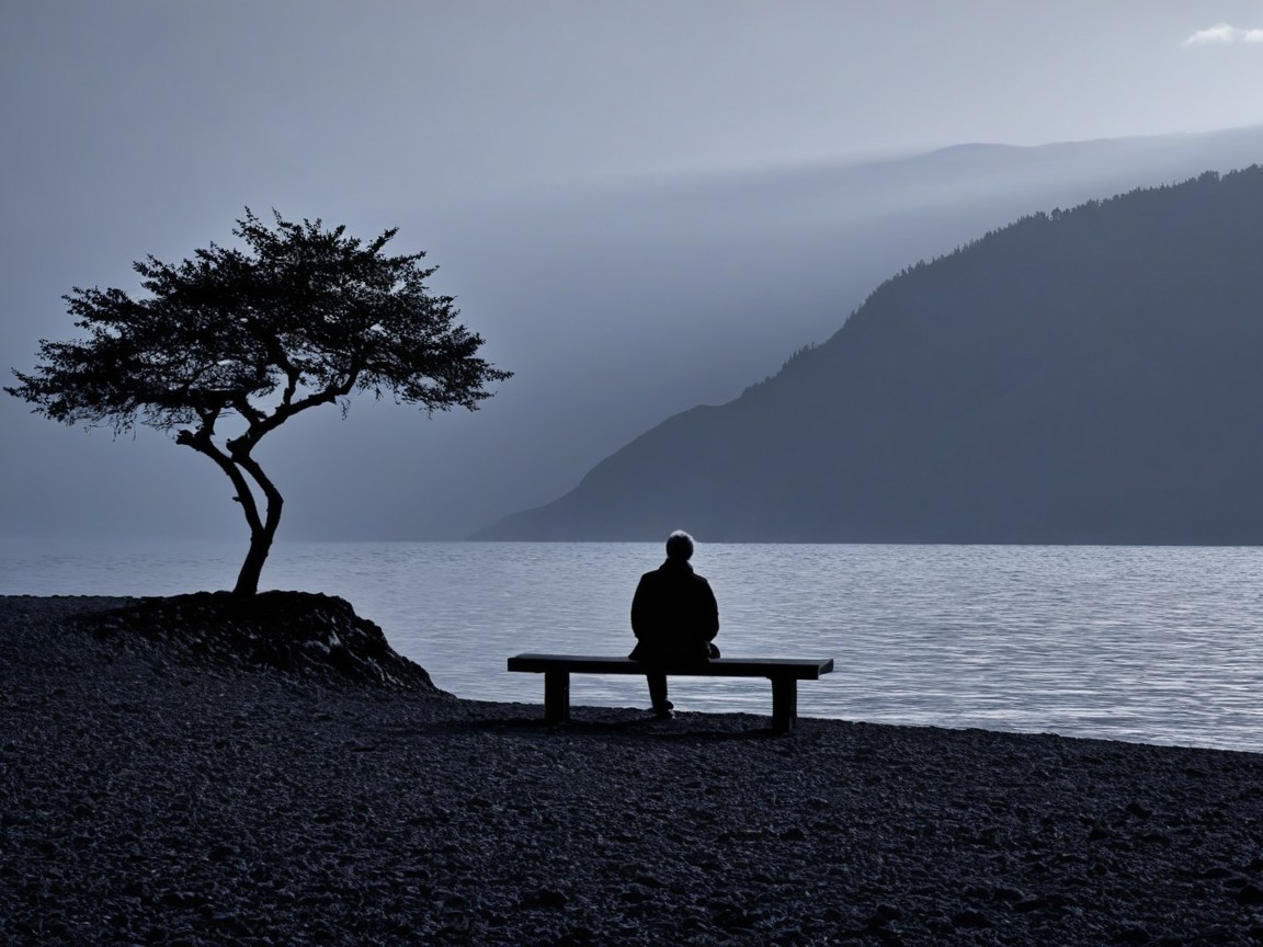 Solitary Figure by Tranquil Lakeside Landscape