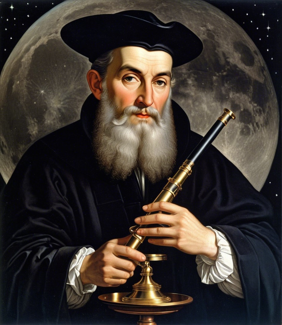 Elderly Man with Telescope Under a Full Moon