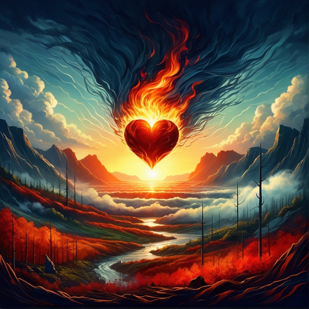 Vibrant Landscape with Fiery Heart and Majestic Mountains