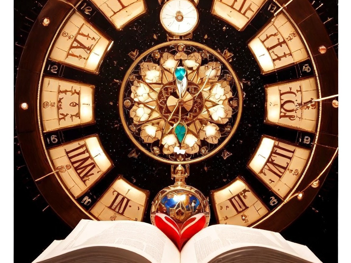 Ornate gold clock with compass rose and heart illustration