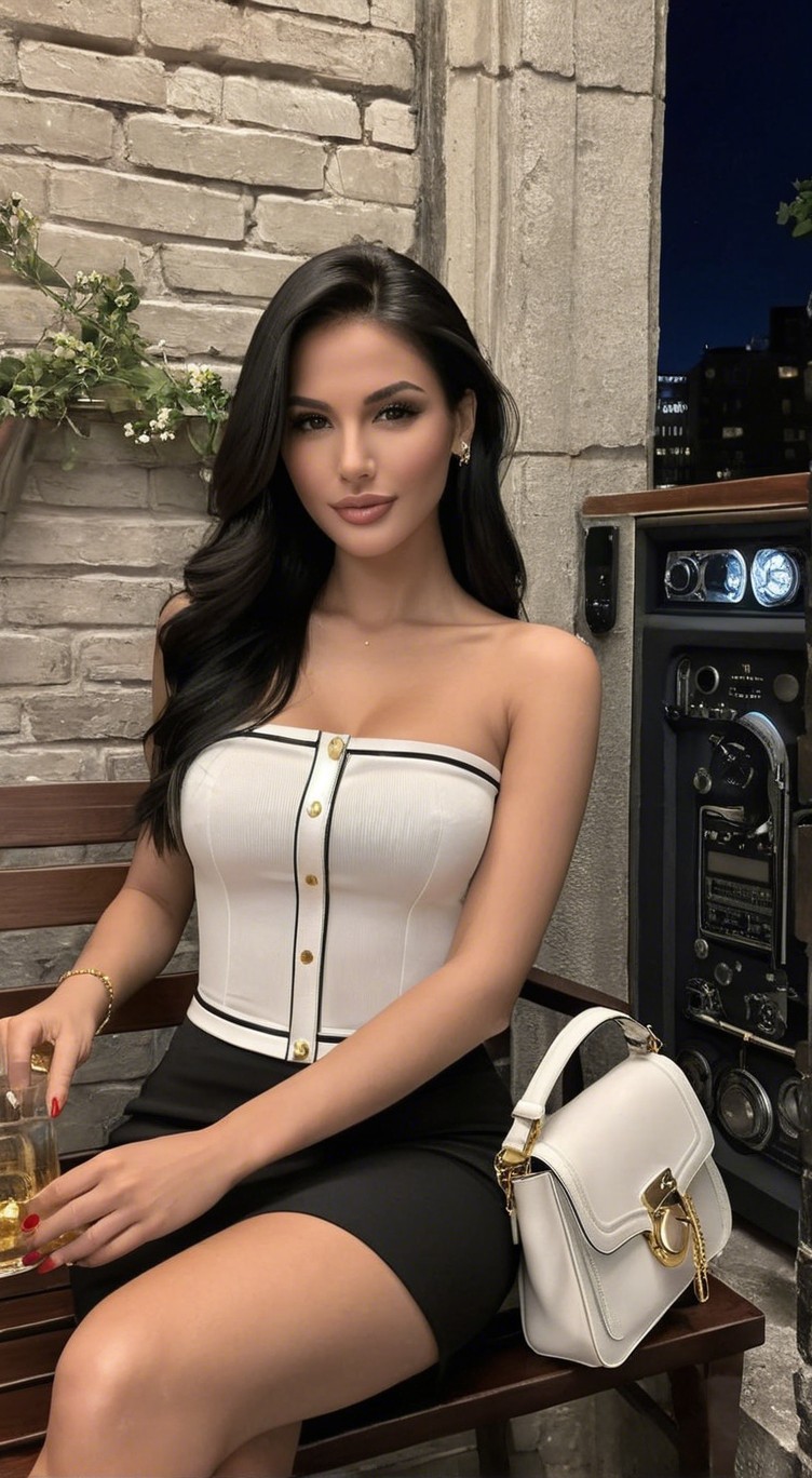 Elegant Woman in Chic Outfit on Wooden Bench