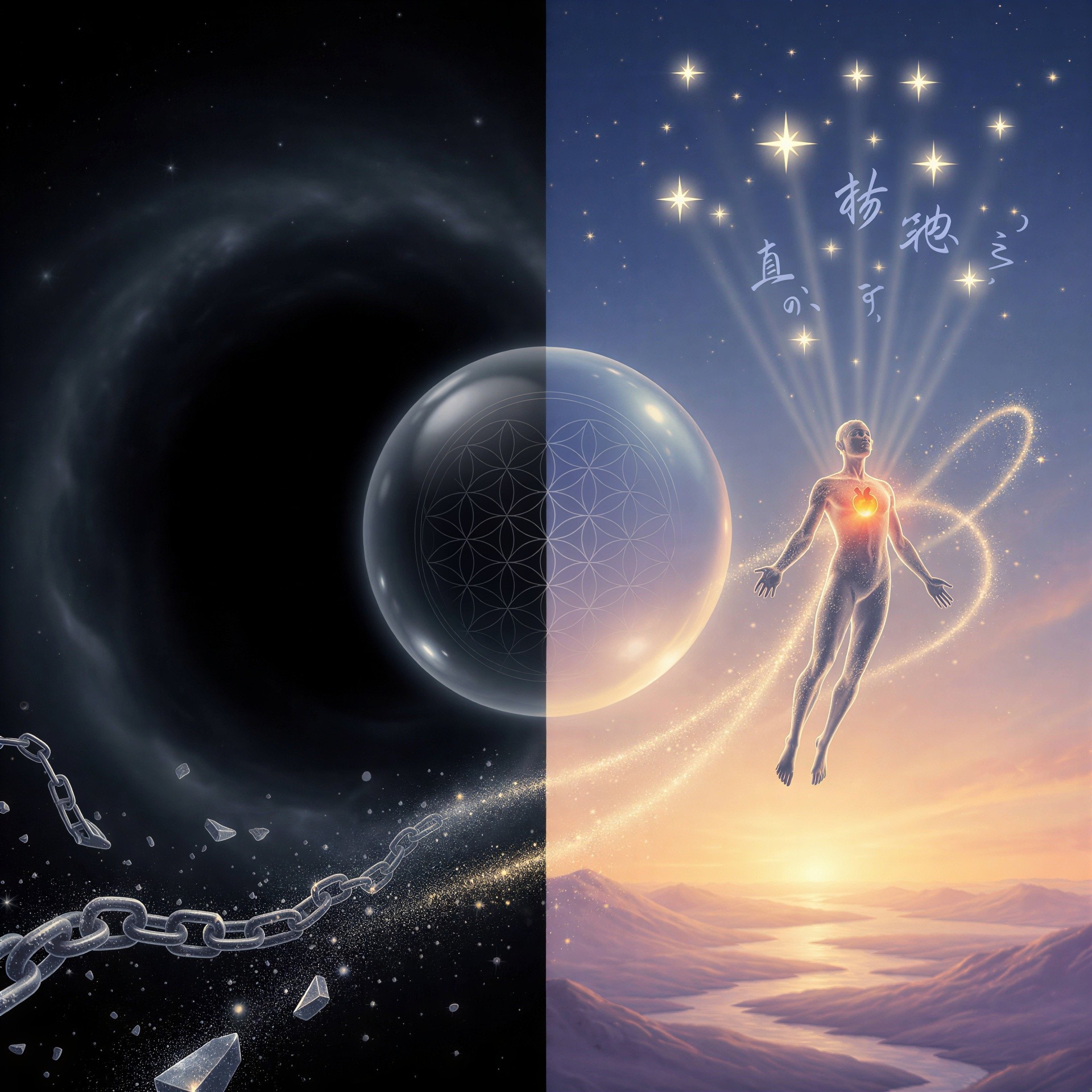 Mystical Split Image of Cosmic Void and Serene Landscape