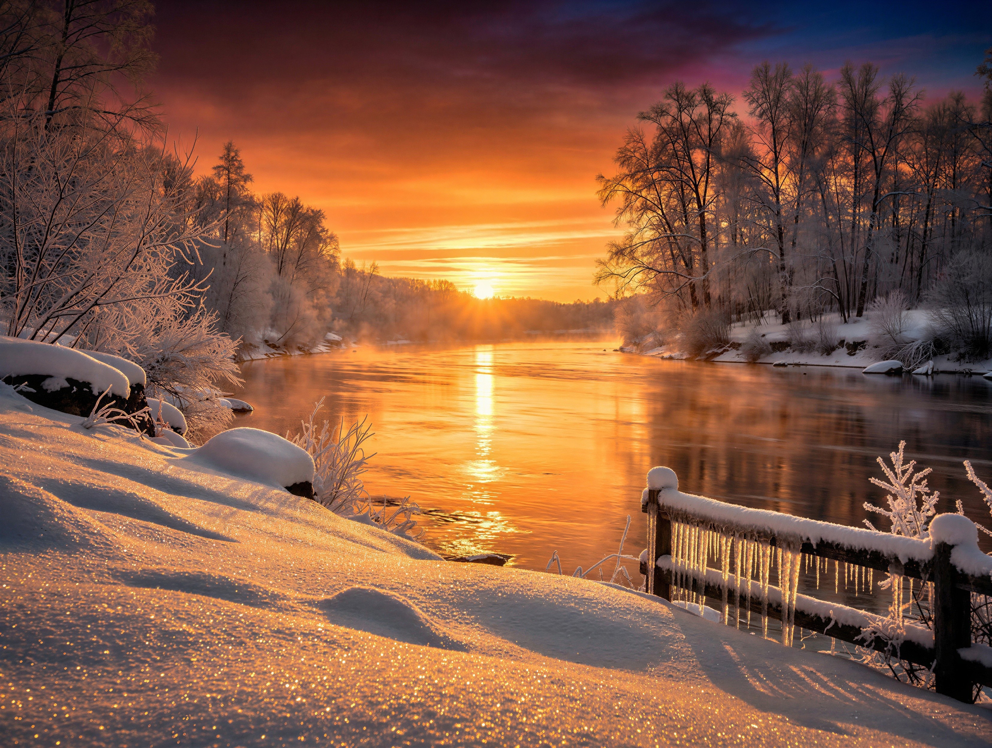 Golden Sunset Over River in Snowy Landscape