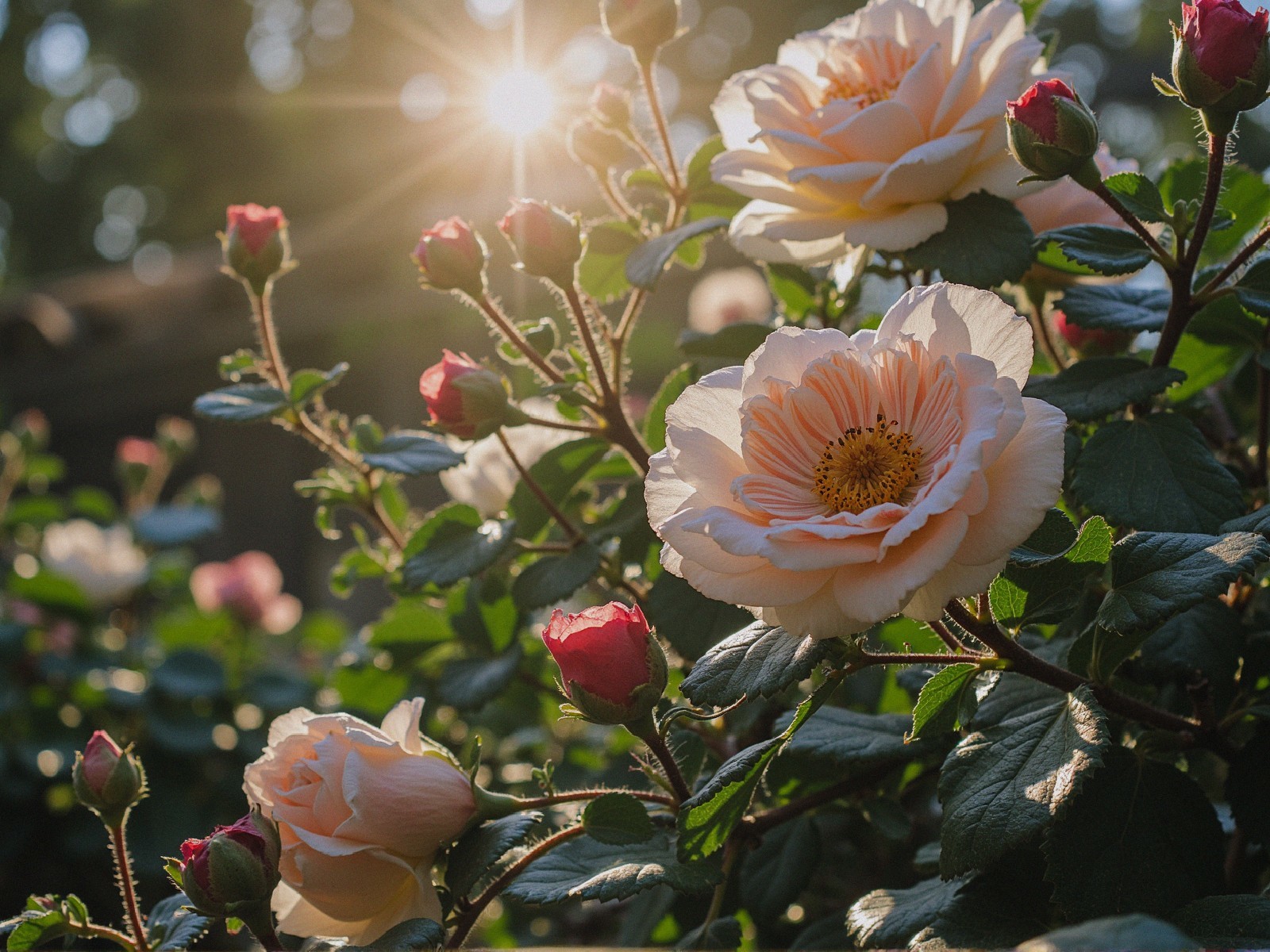 Blooming pink and cream roses among green leaves
