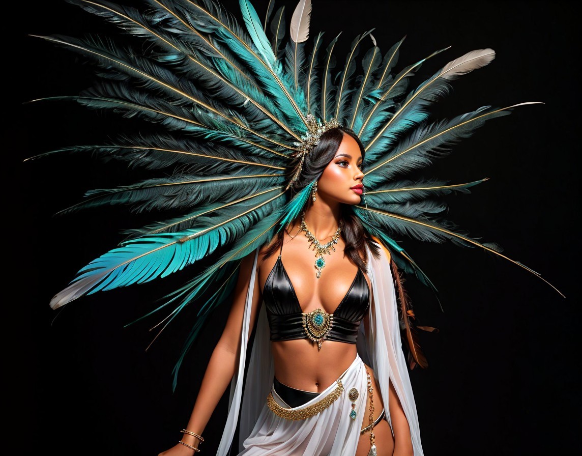 Dramatic Costume with Teal and Gold Feathers