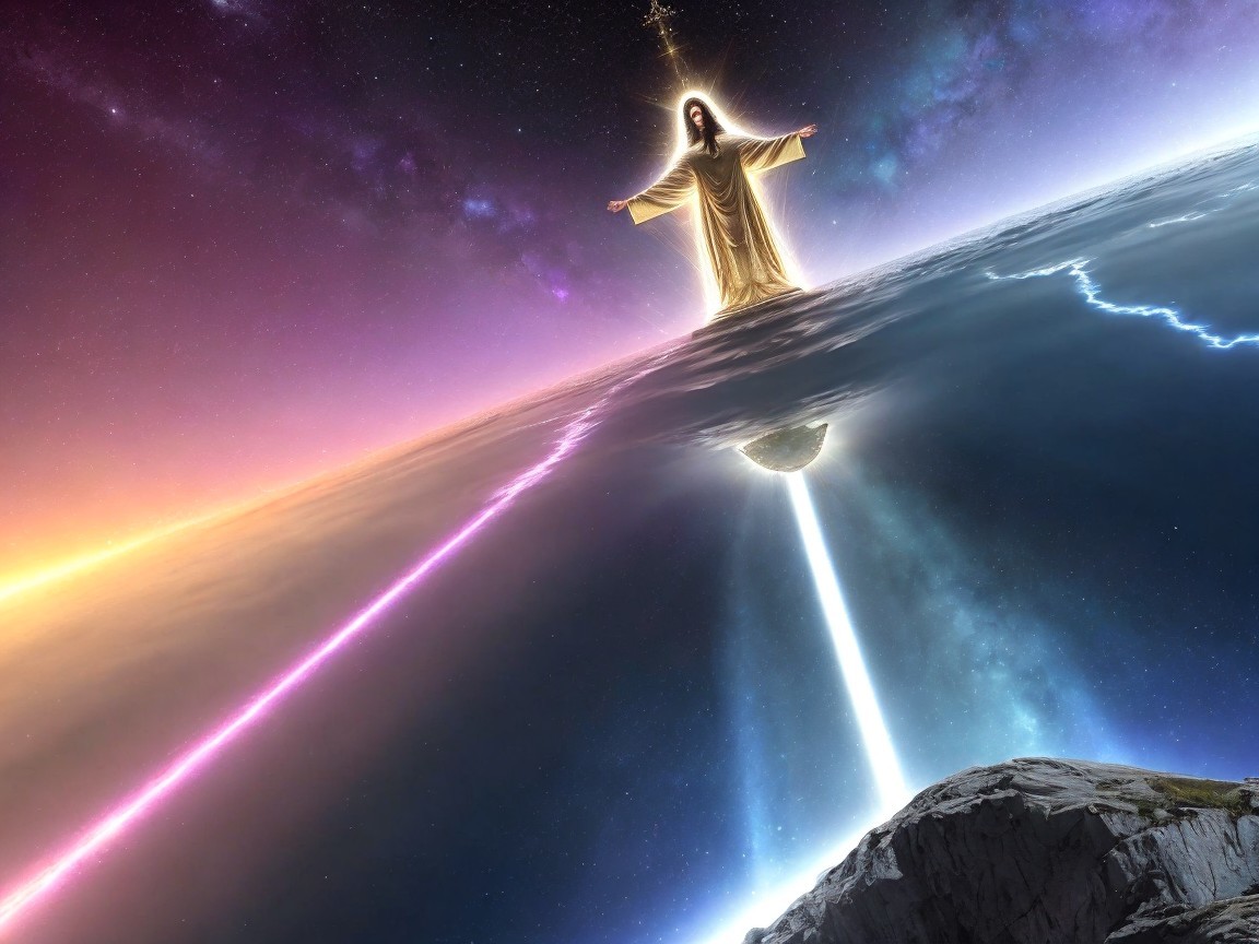 Celestial Scene with Radiant Figure Above a Planet