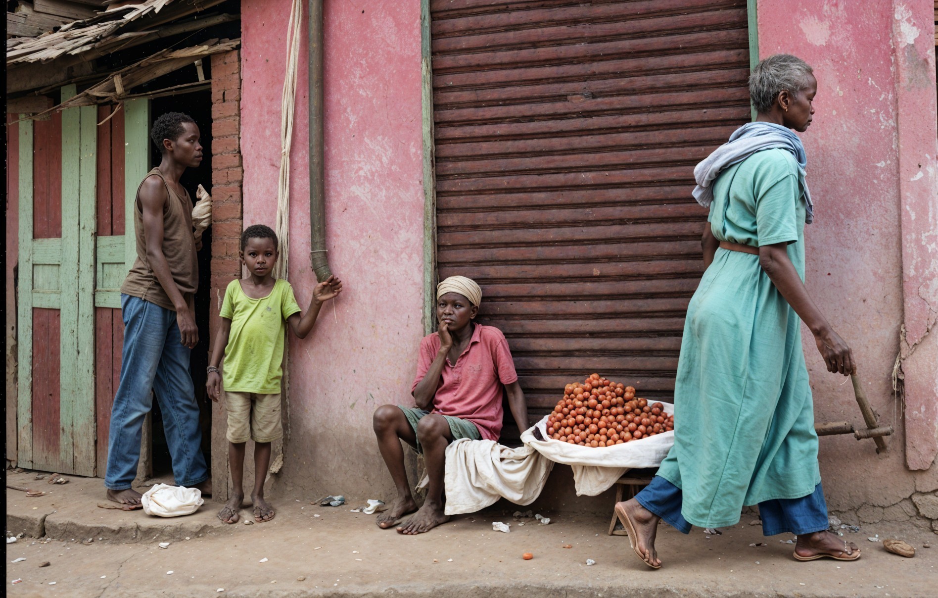 Vibrant street scene with people and colorful backdrop