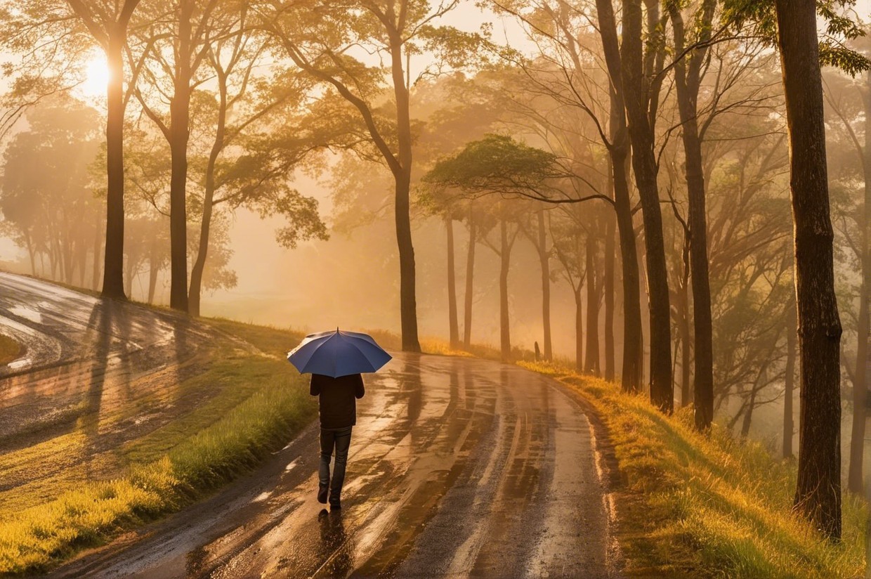Lone Figure on a Foggy Road with Umbrella and Trees