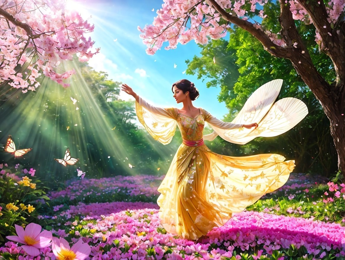 Elegant figure in golden gown among vibrant blossoms