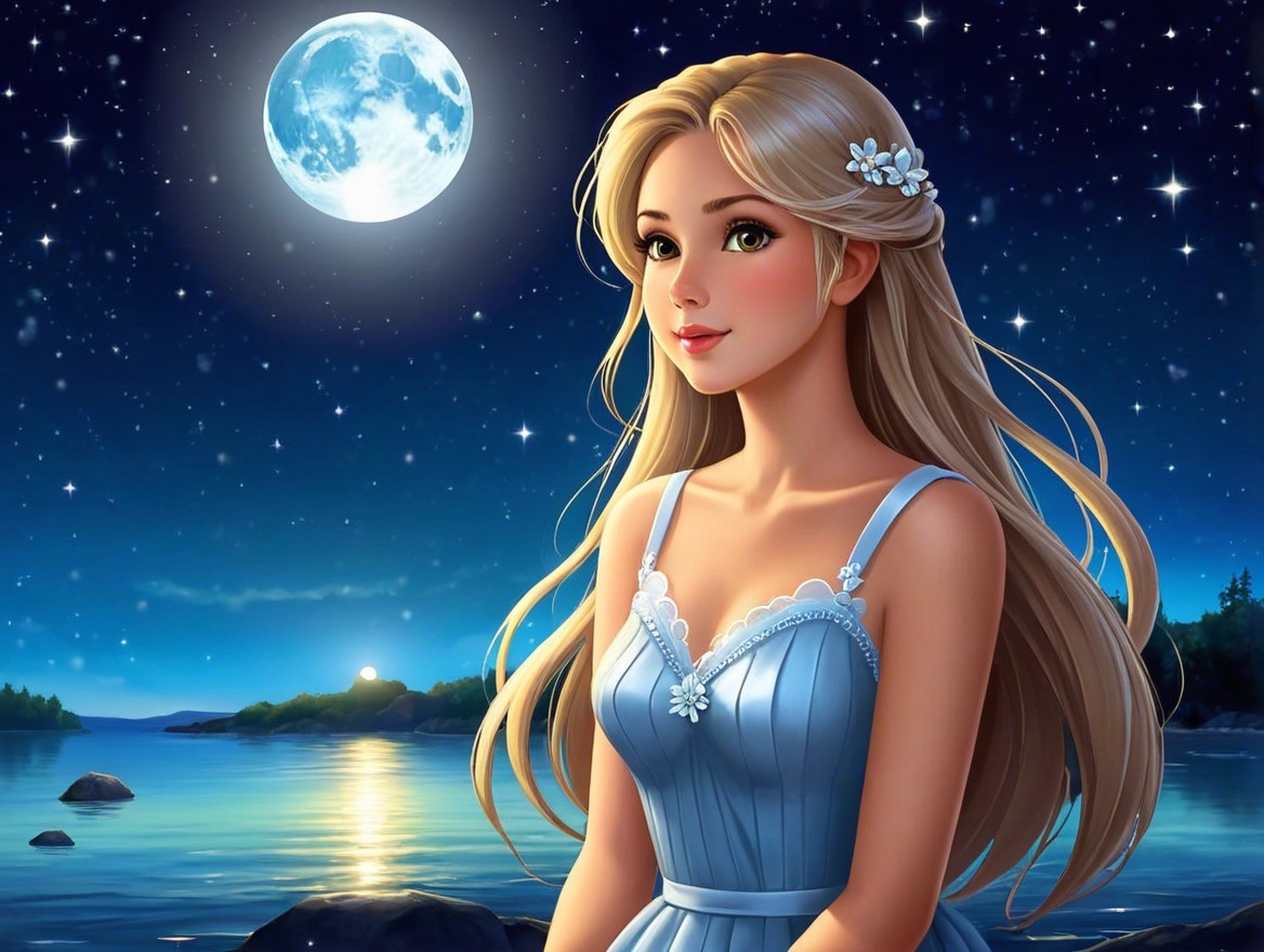 Young Woman in Blue Dress by Moonlit Waterfront