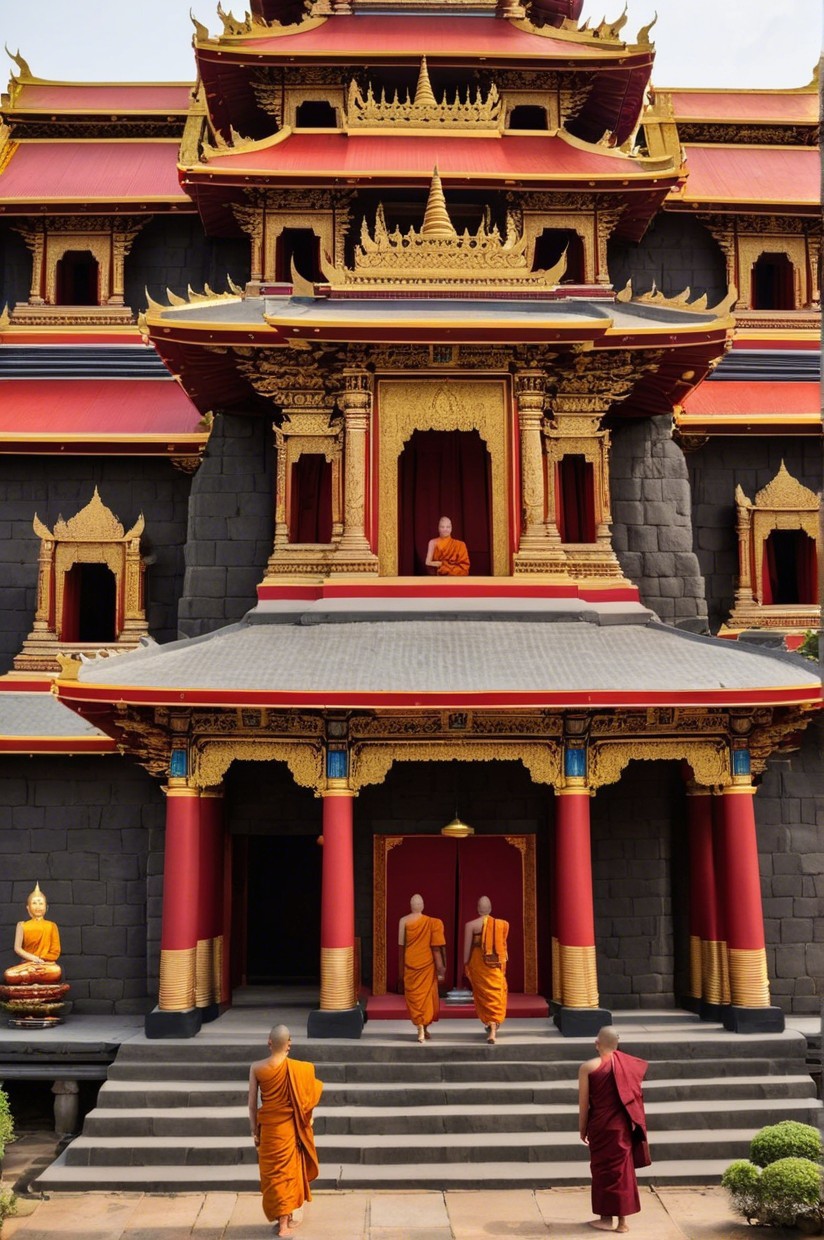 Temple Exterior with Gold Detailing and Monks
