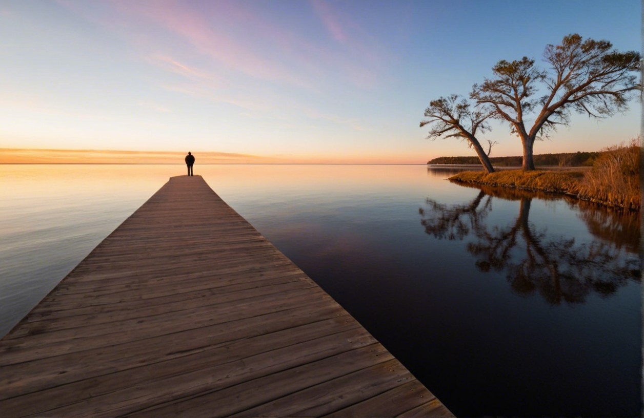 Wooden Dock at Sunset Over Calm Waters with Figure