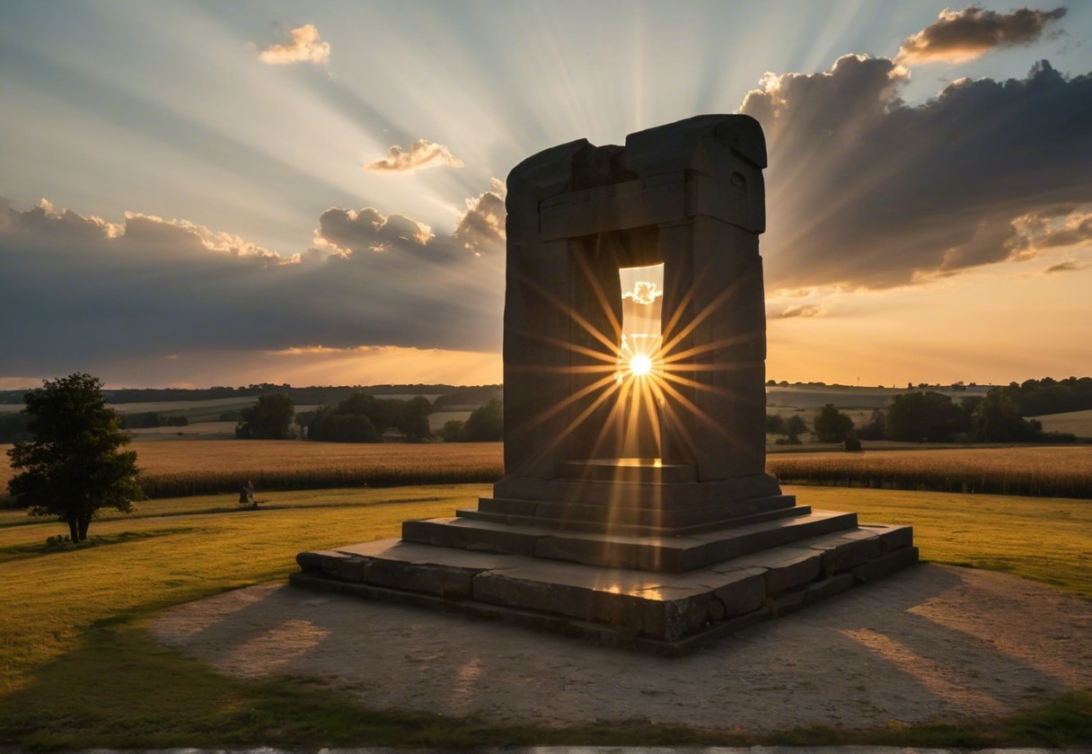 Monument Surrounded by Sunset Rays and Dramatic Clouds