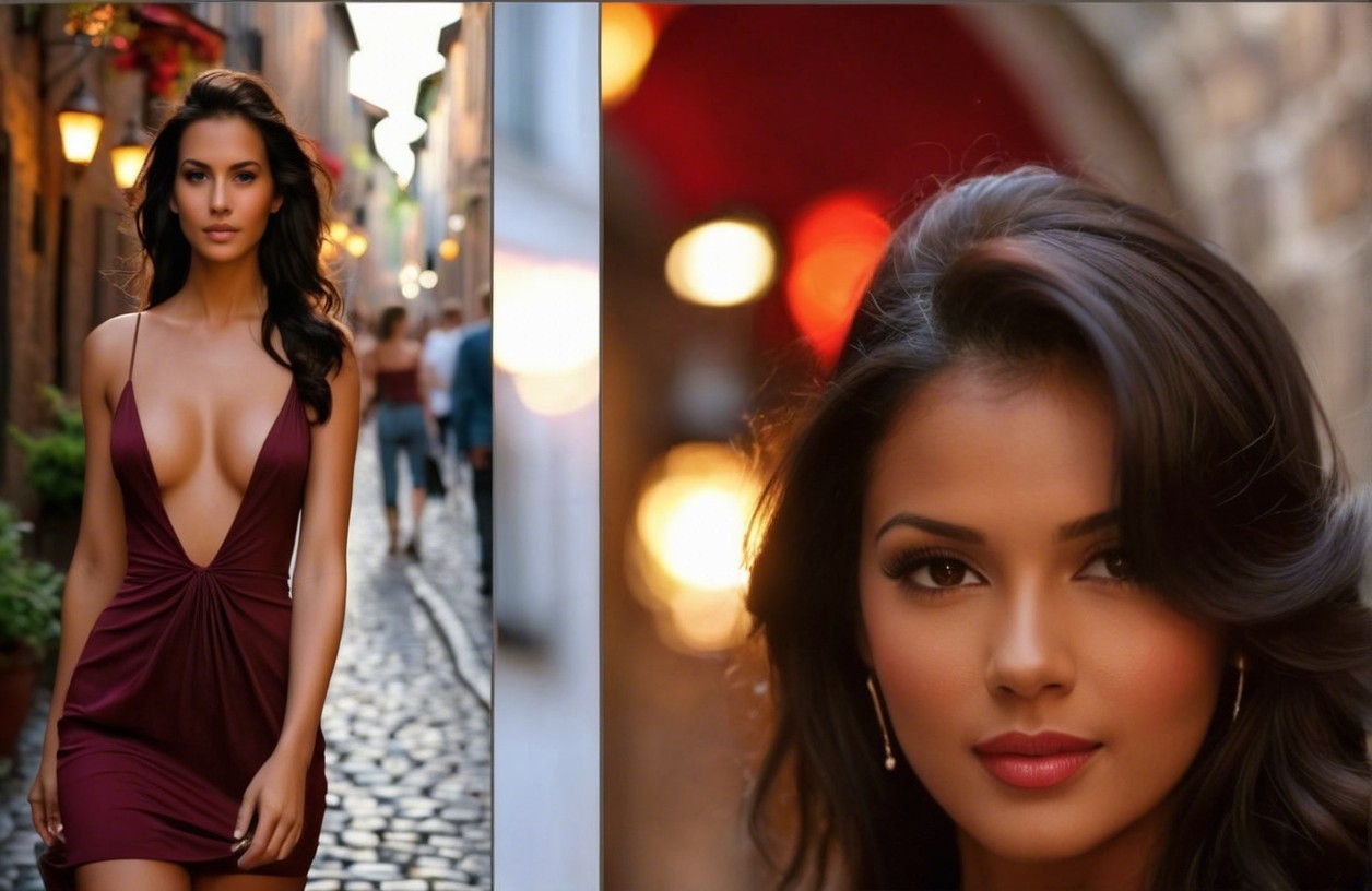 Glamorous Model in Burgundy Dress on Cobblestone Street
