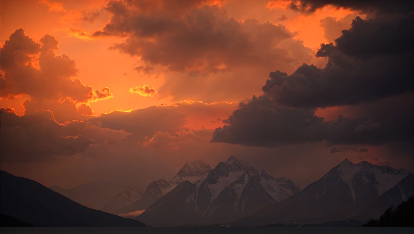 Vibrant Sunset Over Snow-Capped Mountains Landscape