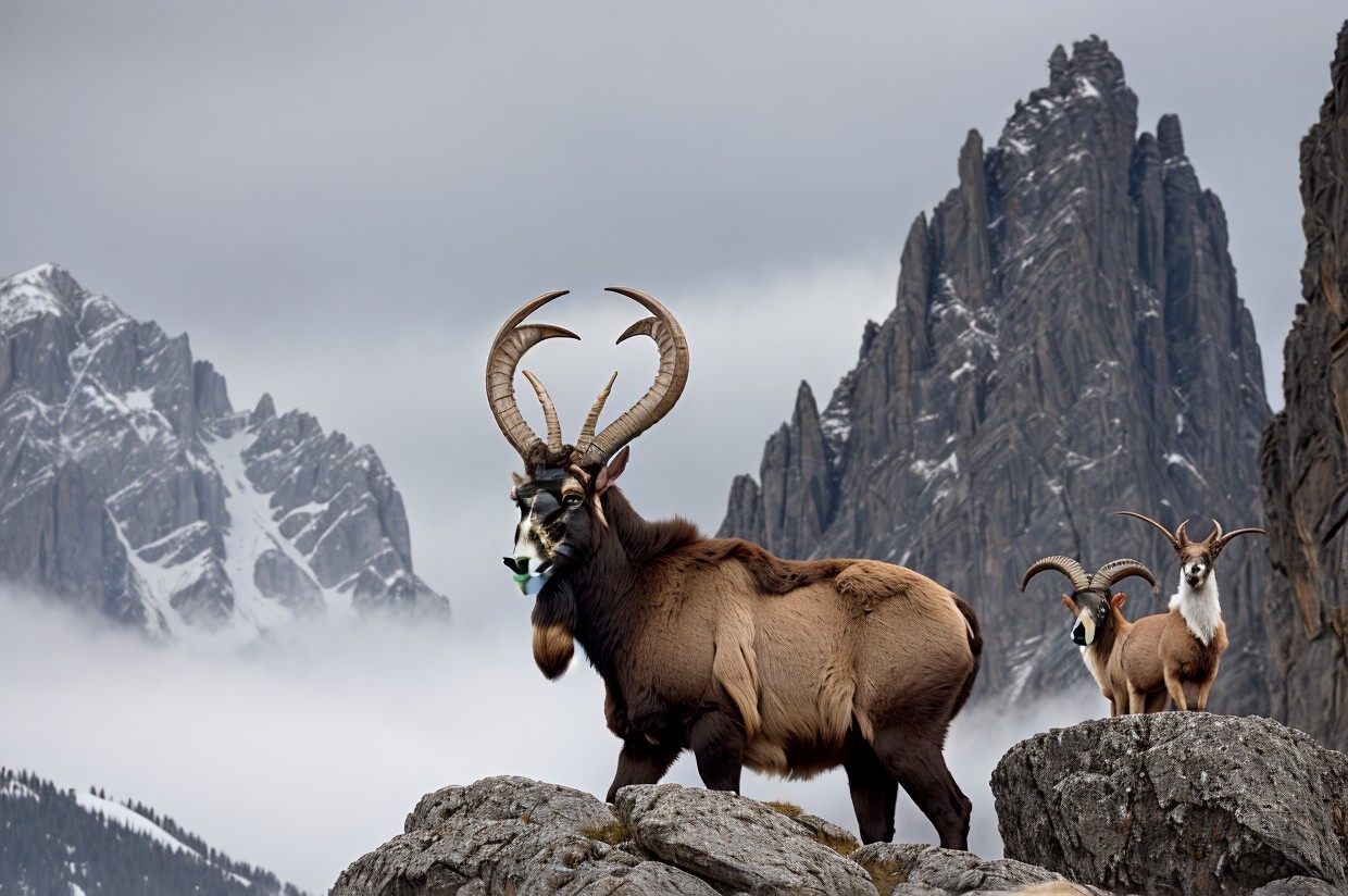 Wild Mountain Goats on Rocky Terrain with Misty Mountains