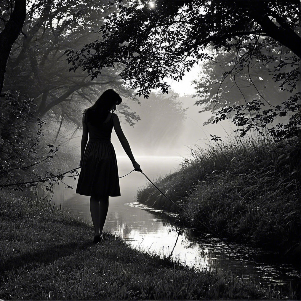 Silhouette of Woman by Tranquil River with Mist