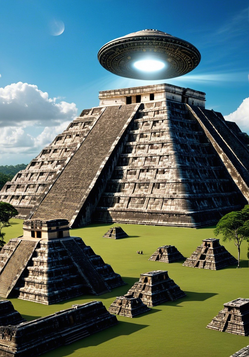 Pyramid Landscape with UFO and Lush Greenery