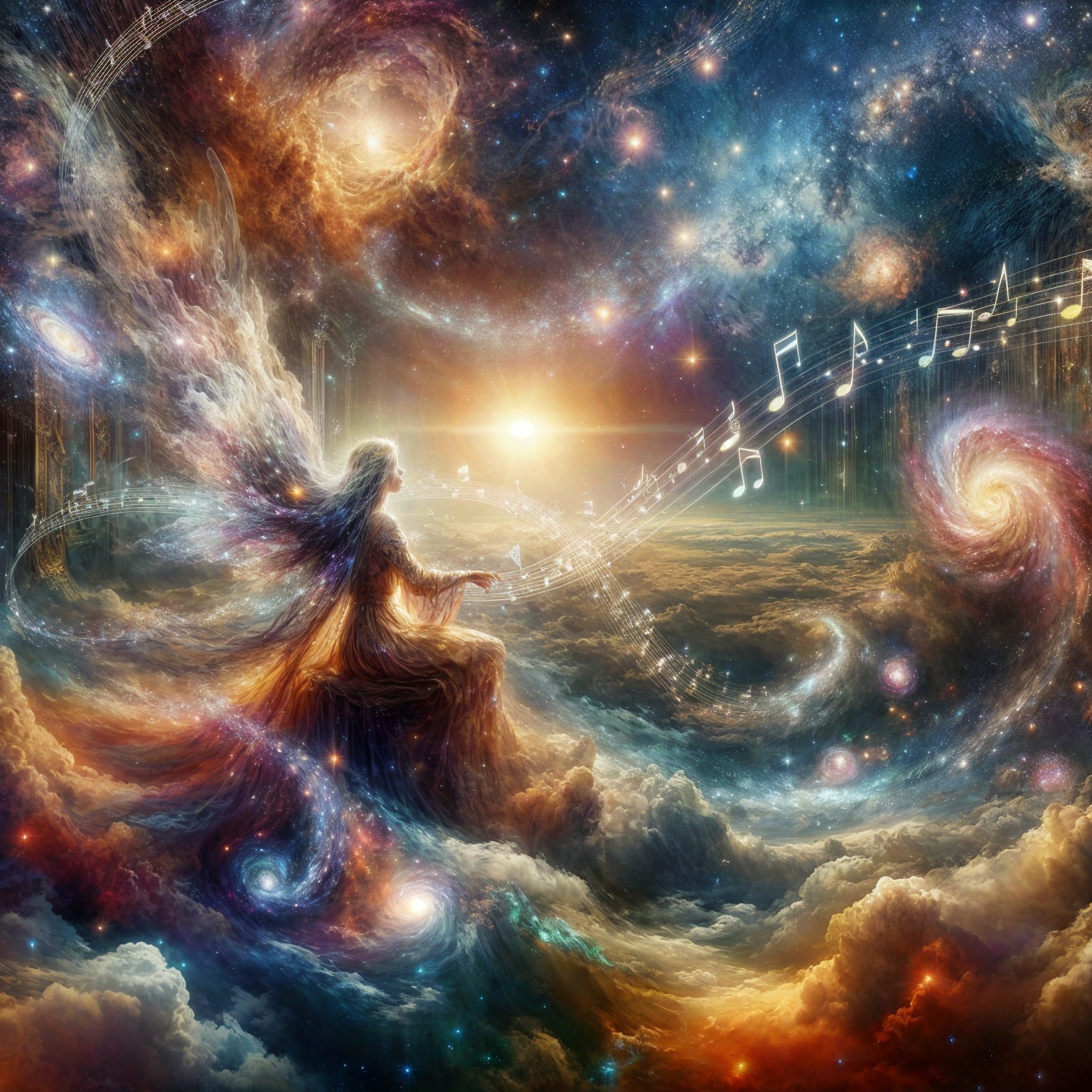 Celestial Scene with Figure and Swirling Galaxies
