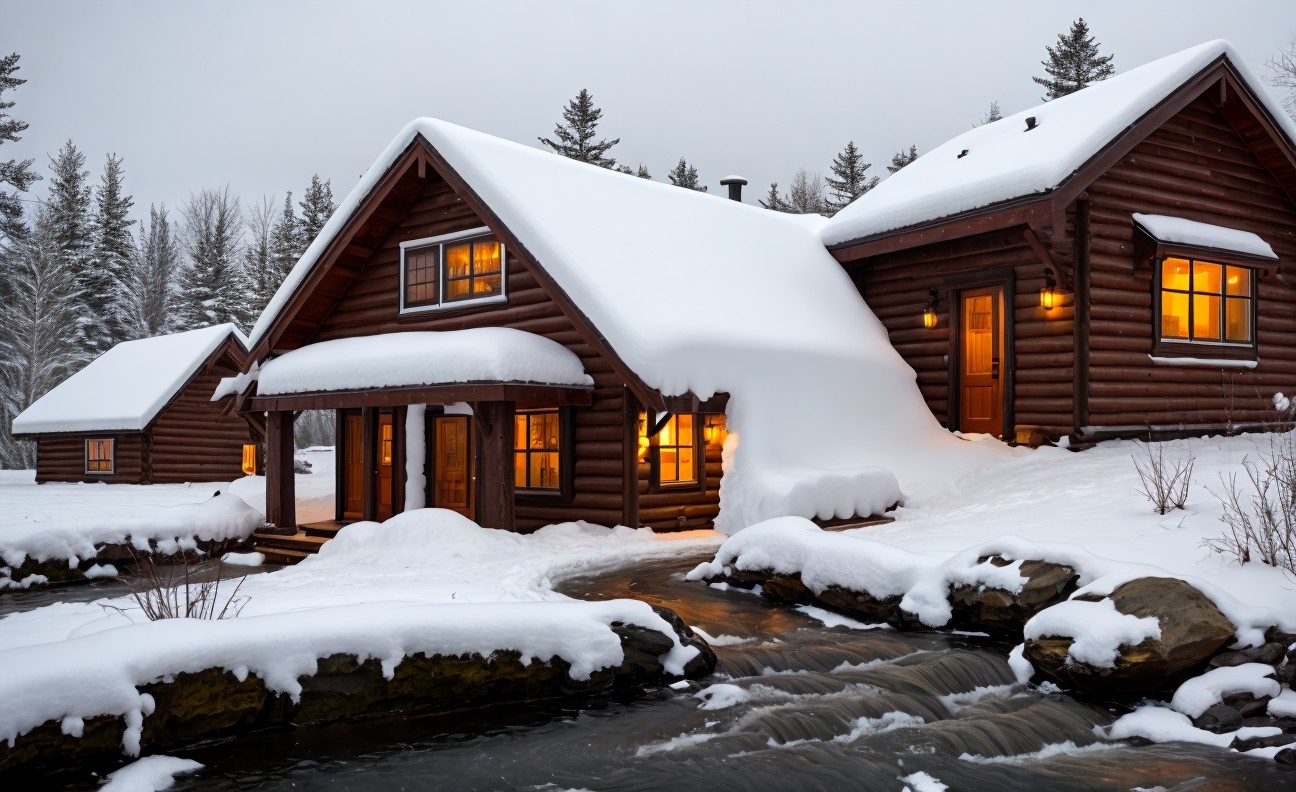 Winter Scene with Log Cabins and Snowy Landscape