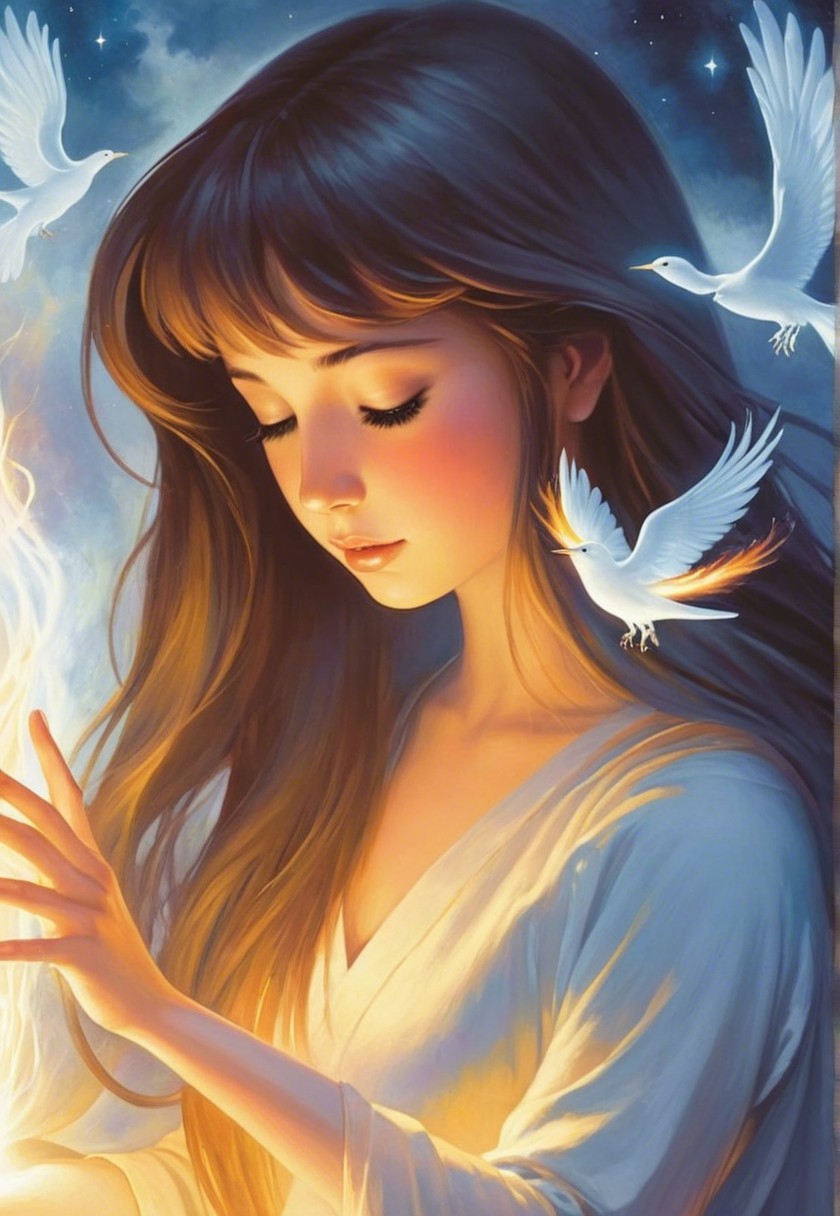 Serene young woman with doves in a starry setting