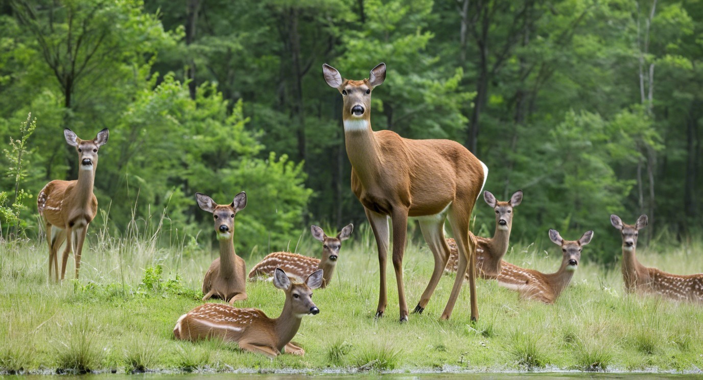 Deer Family in a Lush Green Meadow Scene