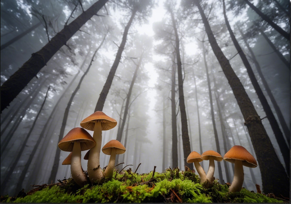 Misty Forest with Tall Trees and Vibrant Moss