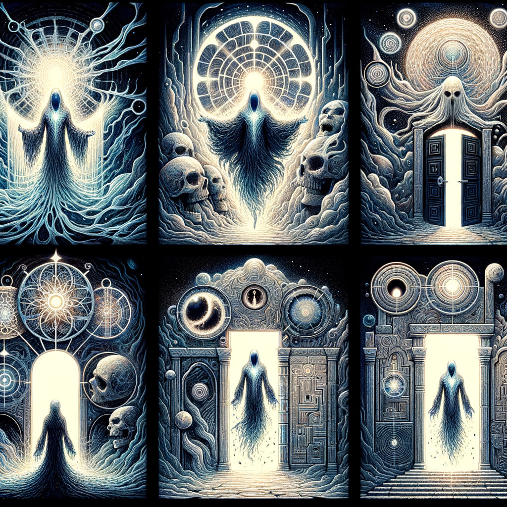 Surreal Collage of Ethereal Figures and Cosmic Themes