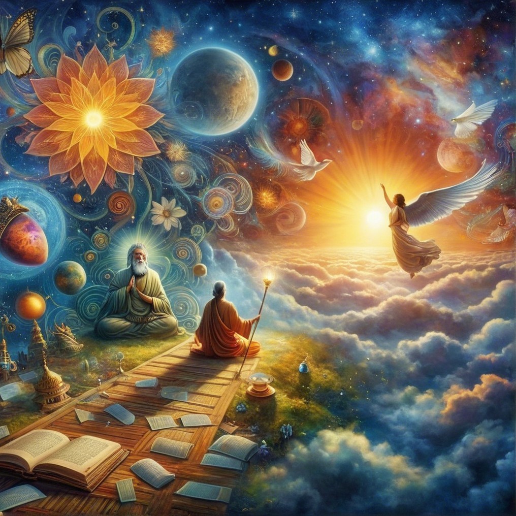 Cosmic Scene with Meditating Figures and Vibrant Elements