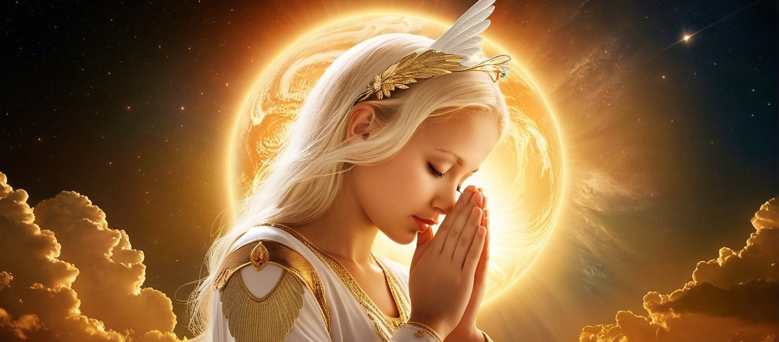 Serene figure in prayer with glowing halo and clouds