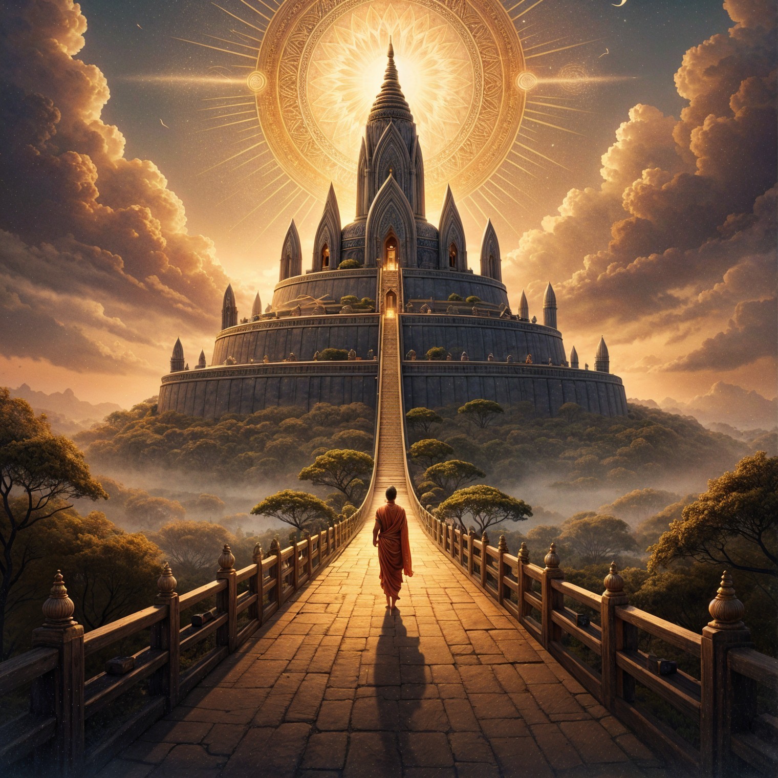 Buddhist Monk Approaching Majestic Golden Temple