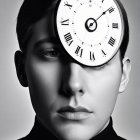 Black and White Portrait of Woman with Clock Face