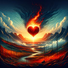 Vibrant Landscape with Fiery Heart and Majestic Mountains