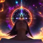 Serene Woman Surrounded by Cosmic Light and Energy