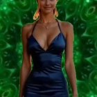 Elegant Figure in Deep Blue Satin Dress with Slit