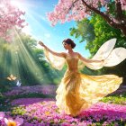 Elegant figure in golden gown among vibrant blossoms