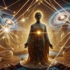 Five Figures Meditating in Cosmic Spiritual Scene