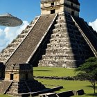 Pyramid Landscape with UFO and Lush Greenery