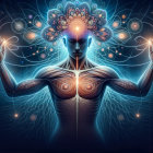 Radiant figure with energy pathways and mandala pattern