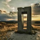 Monument Surrounded by Sunset Rays and Dramatic Clouds