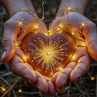 Hands Cradling a Shiny Red Heart with Fairy Lights