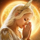 Serene figure in prayer with glowing halo and clouds